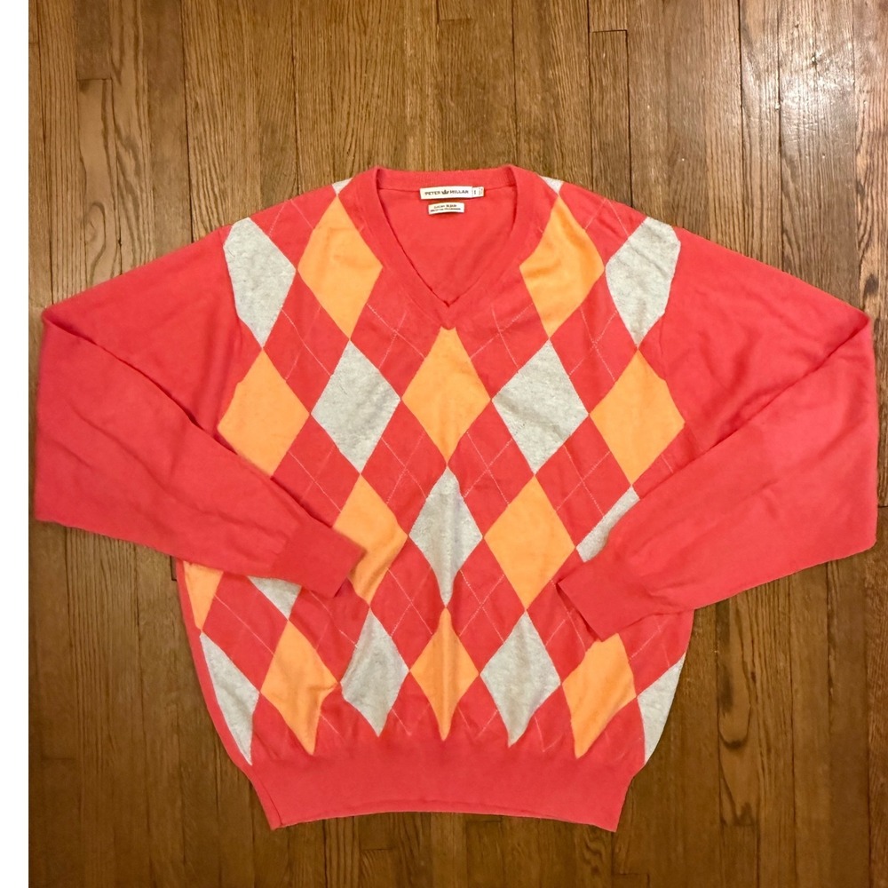 Peter Millar Mens Argyle V-Neck Sweater Coral Orange Cashmere Cotton Blend Large